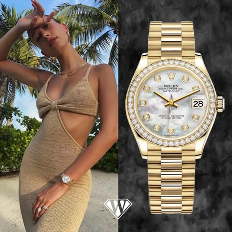 Hailey Bieber with her golden Rolex Datejust | Superwatchman.com Hailey Bieber Rolex Watch, Rolex Watches Women Classy, Pretty Watches, Stylish Watches Men, Rolex Watches Women, Rolex Women, Gold Rolex, Celebrity Jewelry, Luxe Jewelry