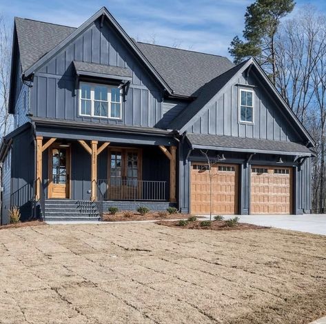 Farmhouse Dark Blue House Exterior With Wood, Gina Montana, Blue Farmhouse Exterior, Blue Siding House, Rustic Exterior House Colors, Blue Exterior House Colors, Dark Exterior House, Dark Blue House Exterior, Brown House Exterior