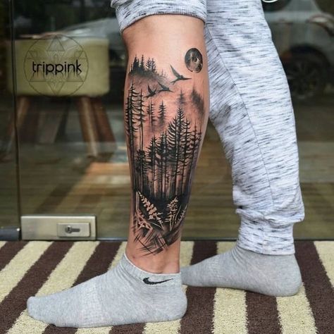 Pine Tree Silhouette Tattoo, Lodgepole Pine Tattoo, Forest Leg Tattoo, Men’s Tattoo Ideas Leg, Outdoor Tattoos For Men, Hunting And Fishing Tattoos, Calf Sleeve Tattoo Men, Mens Leg Sleeve Tattoo, Lower Leg Tattoos For Men