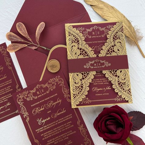 Burgundy and Gold Lace Wedding Invitations 1, Item: Gold Foil Burgundy Wedding Invite2, Card Size: 128 x 185mm, custom size available3, Customized: Yes, please send us your invite wording for a design4, Included: Gold Lace Warp with Bellyband + Burgundy Invitation Cards + Envelopes5, If you require a customized special order, please send an email and I will create a special listing for you to place your order. Wedding Invitations Red And Gold, Burgundy Cream And Gold Wedding, Burgundy And Gold Invitations, Burgundy And Champagne Wedding, Wedding Invitations Gold Foil, Burgundy And Gold Wedding, Emerald Green Wedding Theme, Gold And Burgundy Wedding, Black And Gold Invitations