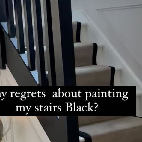 Elaine on Instagram: "If you’re thinking about painting your staircase black but are a little nervous, my advice would be . . Go for it! The dark colour makes the staircase a focal point that draws the eye, giving the staircase that wow factor. The colour black also has the unique ability to visually enlarge a space, dark colours recede from the viewer and the contrast created can make the rest of the space seem larger & brighter! #blackstairs #blackstaircase #black #crittal #crittalldoors #interiordesign #renovation #explorepage Staircase painted in @farrowandball Pitch Black Walls painted in @farrowandball Skimming Stone @lovelyirishhomes @renovateandrevamp" Painted Grey Staircase, Black Brown Staircase, Black Painted Banister, Dark Painted Staircase, Dark Grey Staircase, Black Stairs Painted, Stairs Painted Black, All Black Staircase, White And Black Staircase