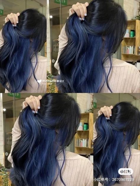 Blue And Black Peekaboo Hair, Denim Blue Peekaboo Hair, Blue Highlights Straight Hair, Indigo Peekaboo Hair, Brown Hair With Dark Blue Highlights, Blue Peekaboo Hair Brown, Dark Blue Money Piece Hair, Black Hair With Underneath Color, Dark Blue Peekaboo Hair