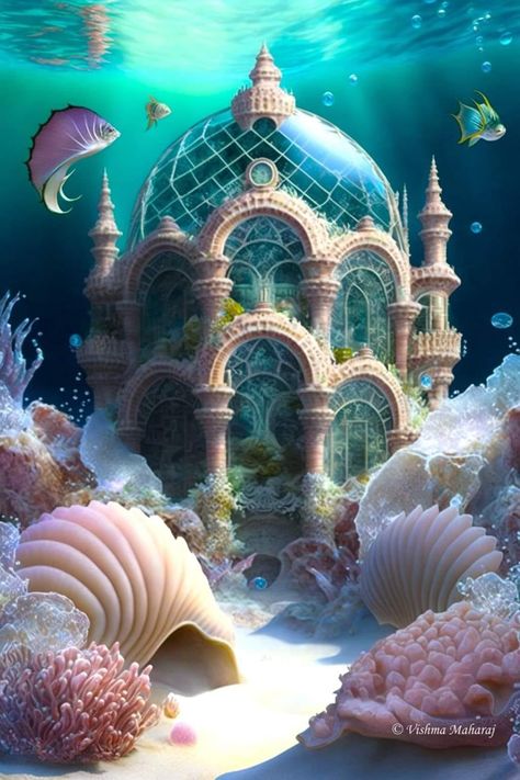 Underwater City Fantasy Art, Artistic Room, Underwater House, Lost City Of Atlantis, Mermaid Wallpapers, Fantasy Mermaids, Underwater City, Underwater Art, Fantasy House