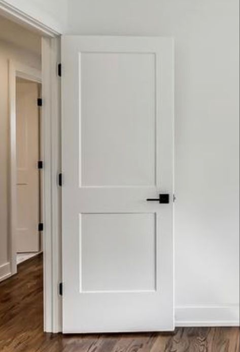 Interior 3 Panel Door, 2 Panel Internal Door, Panel Shaker Doors, White 2 Panel Door With Black Hardware, Internal Shaker Doors, Interior Doors Shaker Style, Modern Shaker Interior Doors, Barndominium Interior Doors, Double Door Front Door Ideas