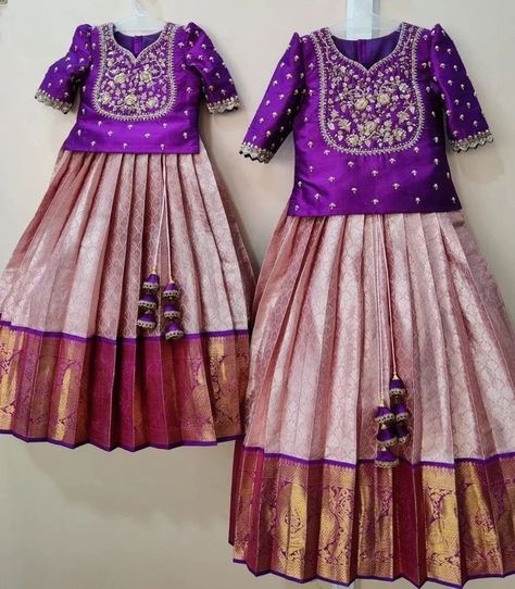 Pavadai Sattai Aari Work Designs, Kids Saree, Langa Blouse, Baby Lehenga, Indian Dresses For Kids, Pavadai Sattai, Pattu Langa, Baby Dress Diy, Cotton Frocks For Kids