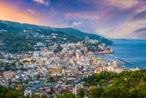 Atami Japan, Japan Skyline, Mountains Night, City Japan, Outdoor Baths, Landscape Lights, Atami, Twilight Photos, Coastal City