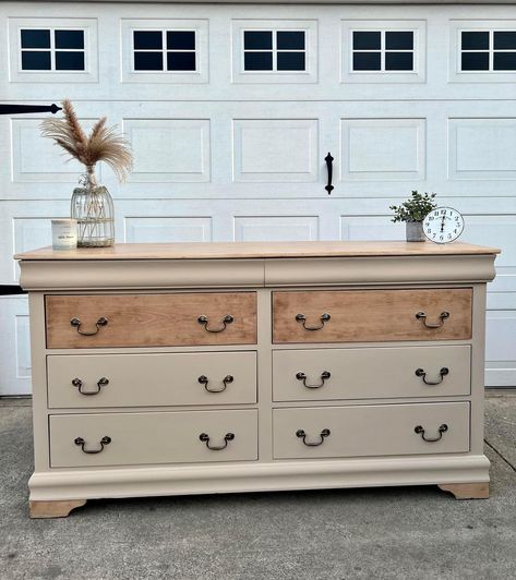 Flipping Wooden Dresser, Boho Nightstand Flip, Refurbished 6 Drawer Dresser, Dresser Makeover Beige, Boho Modern Nightstand, Updated Furniture Ideas, Ideas For Refurbishing Furniture, Light Stained Furniture, Painted Dresser Stained Top