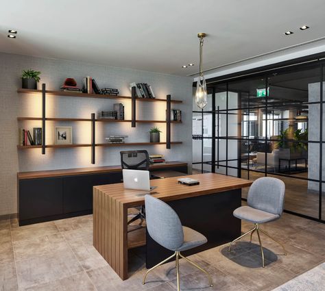 REVONIC - Swiss Bureau Interior Design Company Dubai, UAE | Office Fit Out Dubai Industrial Chic Office, Chic Office Design, Minimal Office Design, Private Office Design, Ceo Office Design, Sports Display, Office Cabin Design, Small Office Design Interior, Figures Display