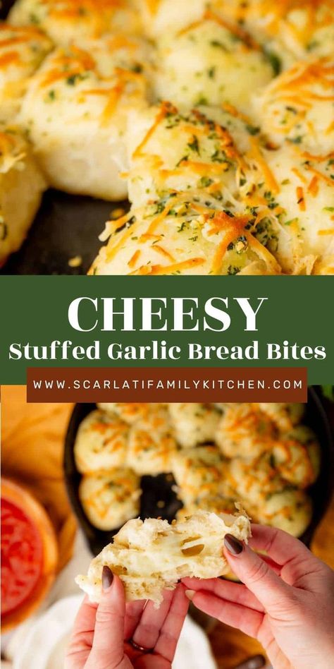 Cheesy Stuffed Garlic Bread Bites are an irresistible appetizer or side dish. Soft, pillowy pizza dough is stuffed with garlic-flavored cheese curds and coated in buttery garlic and fresh herb topping with parmesan cheese. Dip in marinara for the ultimate cheesy snack! Cheesy Bread Appetizer, Cheese Curds Recipe Dishes, Garlic Bread Bites, Cheese Curds Recipe, Flavored Cheese, Stuffed Garlic Bread, Cheddar Cheese Curds, Stuffed Breads, Bread Bites