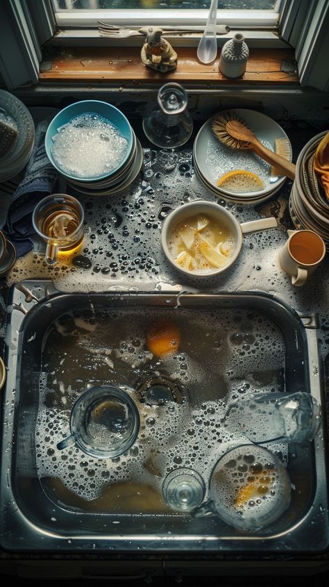 Messy Kitchen Sink: A kitchen sink overflowing with dirty dishes, plates, and utensils against a sunlit window, showcasing a typical busy household. #kitchen #sink #dishes #messy #dirty #aiart #aiphoto #stockcake ⬇️ Download and 📝 Prompt 👉 https://ayr.app/l/YaLK Messy Cooking Aesthetic, Washing The Dishes Aesthetic, Messy Home Aesthetic, Domesticity Aesthetic, Kitchen Sink Aesthetic, Messy House Aesthetic, Dishes In Sink, Messy Interior, Messy Table