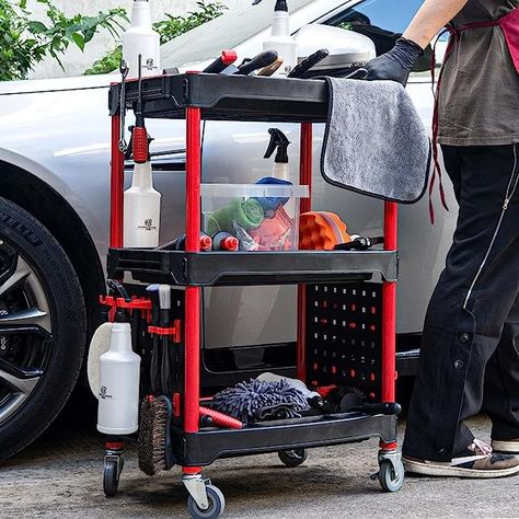 A good helper for car lovers: If you like to take care of your car by yourself, you should have a variety of car beauty tools for washing, repair, polishing, coating, painting and other different uses. Detailing cart can help you sort and place your various tools and quickly pick them up when you need to use them. Lockable universal wheels: The detailing cart is equipped with two lockable universal wheels, which you can easily open or close the wheel lock by stepping on. You can park your cart Car Detailing Setup, Motorcycle Wash Station, Car Wash Ideas, Detailing Garage Ideas, Car Detailing Studio, Diy Home Studio, Car Detail Shop, Cleaning Tools Storage, Car Wash Company