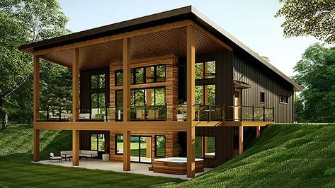 Modern Mountain House Plans, Lake Front House Plans, Modern Mountain House, Ranch Style House Plans, Mountain House Plans, Casas The Sims 4, Lake House Plans, Modern Style House Plans, Farmhouse Style House Plans