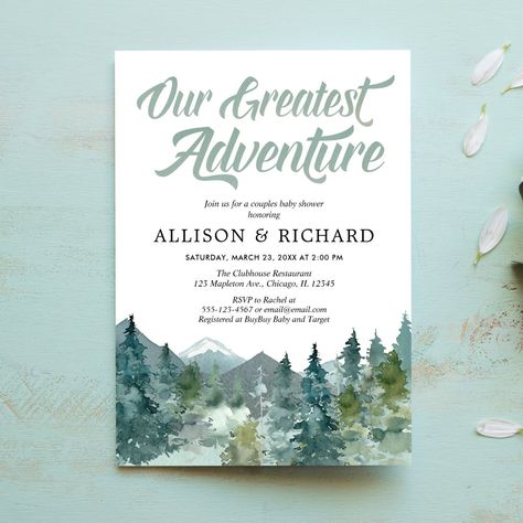 Couples baby shower, Our greatest adventure rustic Invitation Mountain Invitation, Rustic Invitation, Virtual Baby Shower Invitation, Wood Invitation, Rustic Baby Shower Invitations, Adventure Baby Shower, Couples Baby Showers, Gender Neutral Baby Shower Invitations, Coed Baby Shower