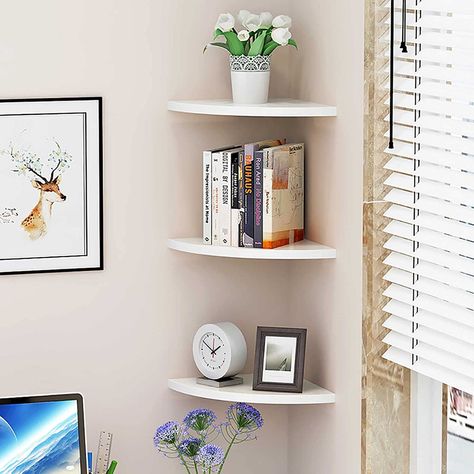 Amazon.com: Baffect 3-Pack Corner Shelf Wooden and Plastic PVC Floating Shelves Wall Mount Shelf Bookshelf Display Cosmetic Storage Rack Room Decor (Large) : Home & Kitchen Corner Shelf Decorating Ideas, Corner Shelves Bedroom, Shelf Decorating Ideas, White Corner Shelf, Floating Corner Shelf, Wall Mount Shelves, Corner Shelf Ideas, Shelf Decorating, Bathroom Corner Shelf