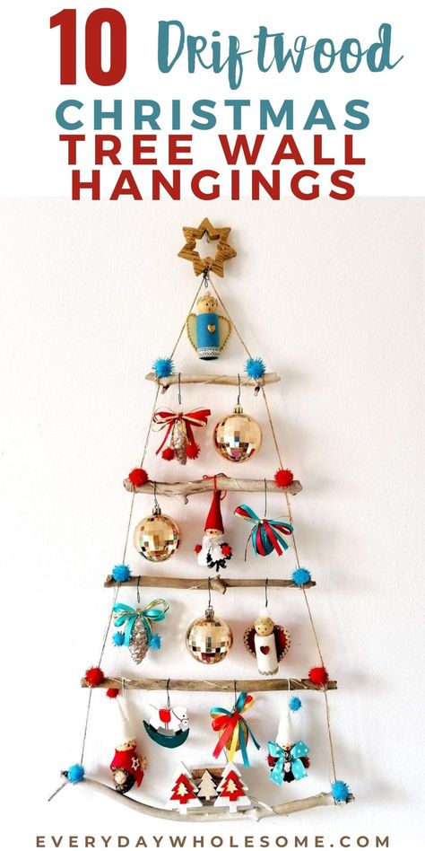 Driftwood Crafts Christmas, Nontraditional Christmas Tree, Driftwood Decor Wall, Wall Hangings Ideas, Driftwood Creations, Beachy Crafts, Driftwood Christmas, Driftwood Christmas Tree, Christmas Tree Wall