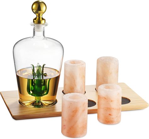 About this item Unique hand blown agave tequila decanter with matching tequila shot glasses made of Himalayan pink salt is all you need to get the party started. Patent Pending - Set includes agave tequila decanter whiskey decanter with 4 matching pink salt shot glasses tequila glasses fitted onto a beautifully stained wooden display serving tray. Tequila Glasses, Whiskey Set, Whiskey Decanter Set, Whiskey Gifts, Tequila Shots, Liquor Decanter, Wooden Display, Whiskey Decanter, Decanter Set