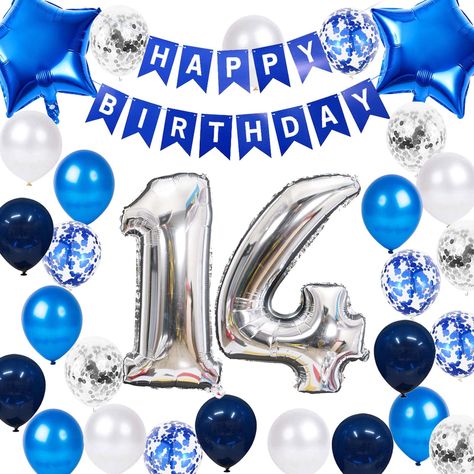 PRICES MAY VARY. 14th Birthday Decorations Blue Sets Include: 1 * blue 'HAPPY BIRTHDAY' Letter Banner, 1* number 14 balloons, 2* star foil balloons, 25 latex party balloons in 5 styles(5* blue color, 5* white confetti, 5* white, 5* navy blue, 5* blue confetti), 1* 10m ribbon. Total 31packs in one package. Size: 'HAPPY BIRTHDAY' letter banner are in 4.5" *6.3" for each letter, latex balloon in 12in for each, Number 14 foil balloon in 32inch for each. All the balloons can be reused many times in o July 16 Birthday, Happy Birthday 16 Boy, Happy 16th Birthday Boy, Happy 16th Birthday Son, Balloons For Men, Happy Birthday 16, 15th Birthday Decorations, Boy 16th Birthday, 16 Number