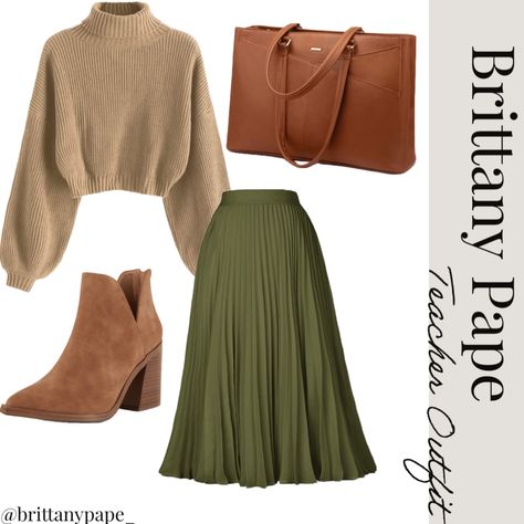 Brown Purse Outfit Fall, Fall Skirts With Sweaters, Olive Winter Outfit, Green A Line Skirt Outfit, Olive Skirt Outfit Winter, Green Army Skirt Outfit, Olive Green Pleated Skirt Outfits, Green Purse Outfit Fall, Olive Skirt Outfit Fall