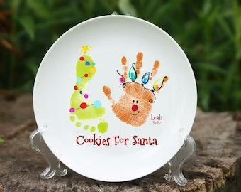 Baby Footprint Christmas Plate, Handprint Santa Plate, Handprint Ceramic Plate, Handprint Santa Cookie Plate, Christmas Keepsake Plate, Baby Santa Cookie Plate, Cookies For Santa Handprint Plate, Santa Cookie Plate Handprint, Cookies For Santa Plate Handprint