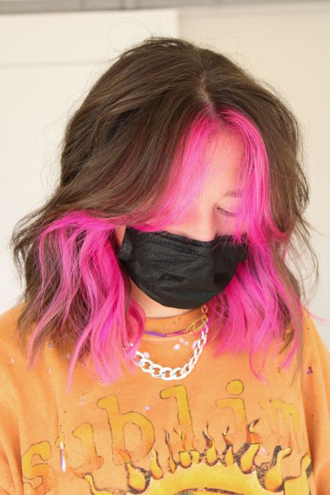 Shoulder Length Hair With Pink Highlights, Pops Of Vivid Hair Color, Colorful Halo Hair, Short Hair With Pop Of Color, Bright Pink Underneath Hair, Hot Pink Underdye Hair, Bright Pink Peekaboo Hair, Brown With Pink Money Piece, Hot Pink Money Piece Hair Brunette