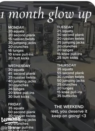 One Month Exercise Plan, 1month Workout Plan, 1 Month Workout Plan At Home, Workout Schedule Monday Through Friday, Day Of The Week Workout, 1 Month Glow Up Before School, 2 Month Exercise Plan, Workouts For Flat Stomach In 1 Month, 1 Month Full Body Workout Plan