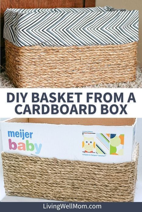 Save money while adding storage to your home by making your own DIY baskets from a cardboard box. This fabric-covered jute rope organizing bin tutorial is super easy and costs less than $5 to make. Diy Jute Basket Cardboard Boxes, Diy Cardboard Toy Box Storage, Diy Fabric Basket Storage Bins, Cardboard Box Storage Diy, Diy Storage Bins, Diy Storage Basket, Diy Woven Basket, Diy Wicker Basket, Blanket Storage Basket