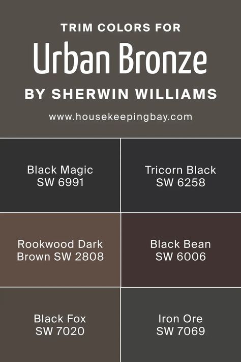 Trim Colors for Urbane Bronze SW 7048 Urban Bronze Sherwin Williams Master Bedrooms, Urbane Bronze With Black Trim, Urbane Bronze Complementary Colors, Sherwin Williams Bronze Urbane, Urbane Bronze Basement, Exterior House Colors Palette, Urban Bronze Shutters, Urbane Bronze Shutters, Sherwin Williams Urbane Bronze Exterior