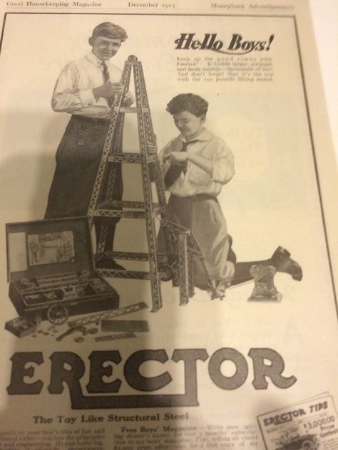 Vintage Erector set ad circa 1915. Steel Erectors, Erector Set, Cross Stitch Stocking, Glinda The Good Witch, Cross Stitch Christmas Ornaments, The Good Witch, Old Glory, Christmas Store, Dec 7