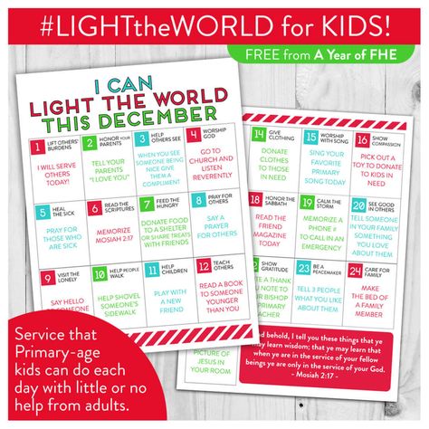 FREE DOWNLOAD // LDS LIGHT the WORLD Service Calendar for Kids! Lds Advent Calendar, Lds Light The World, Lds Christmas, Light The World, Advent Calendar Ideas, Ward Christmas Party, Activity Day Girls, Calendar For Kids, Life Hackers