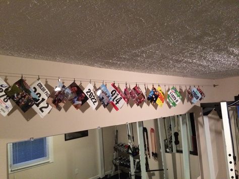 Bib Number Display Ideas, Cross Country Bibs Display, Running Bib Display Ideas, Runners Bib Display, Xc Bib Display, Race Bibs Display Ideas, Diy Race Bib And Medal Display, Race Bib And Medal Display, Race Bib And Metal Display