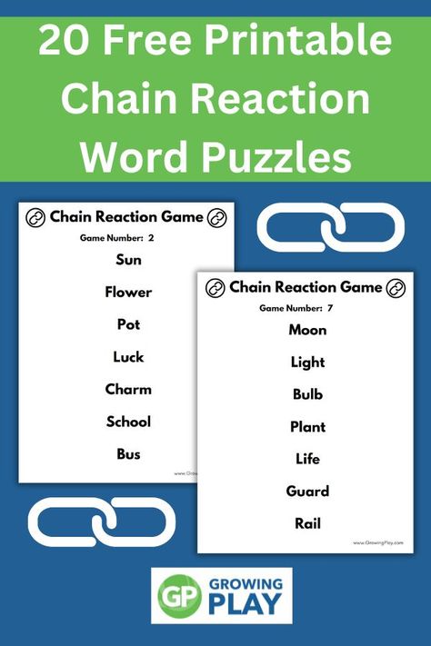 Chain Reaction Word Game - Free Printable - Growing Play Chain Reaction Game, Blank Slate Game Word List, 25 Words Or Less Game Diy, Word Chain Activity, Password Game Word List, Chain Reactions For Kids, English Speaking Game, Printable Word Games, Two Word Phrases