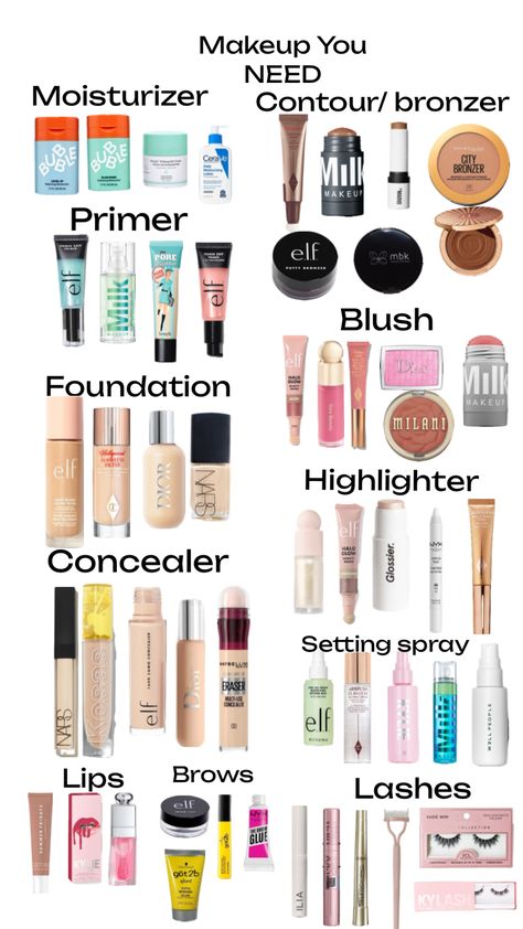 Makeup Products And Their Uses, Makeup Things You Need, What You Need For Makeup, Begginer Makeup List, First Time Makeup Tutorial, Make Up You Need, Good Makeup Products For Beginners, Makeup Basics Products, Full Face Makeup Products