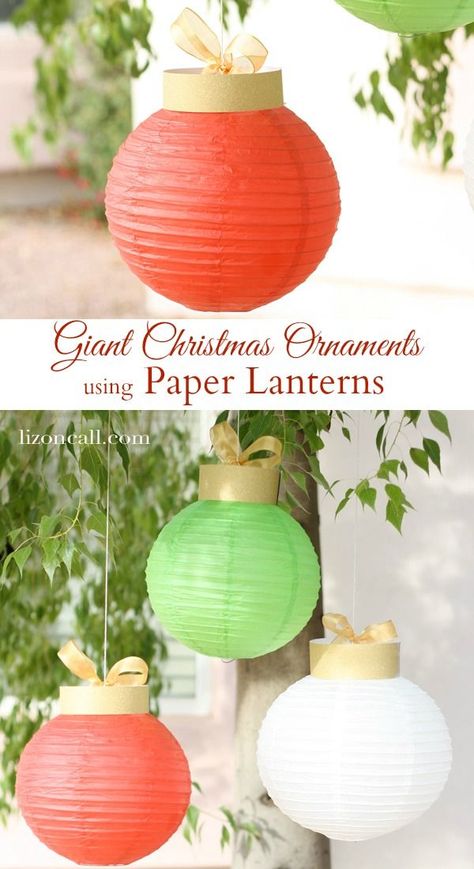 These giant Christmas ornaments are so simple to make using paper lanterns and some gold scrapbook paper. - lizoncall.com Giant Christmas Ornaments, Paper Lanterns Diy, Lantern Christmas, Candy Land Christmas Decorations Outdoor, Christmas Float Ideas, Christmas Decorations Diy Outdoor, Party Candy, Office Christmas Decorations, Candyland Decorations