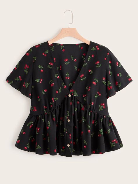 Cherry Print Button Front Peplum Blouse $12 // SHEIN Ruffle Hem Blouse, Fashion Tops Blouse, Trendy Dress Outfits, Blouse Sale, Trendy Fashion Tops, Hem Blouse, Cherry Print, Peplum Blouse, Plus Size Blouses