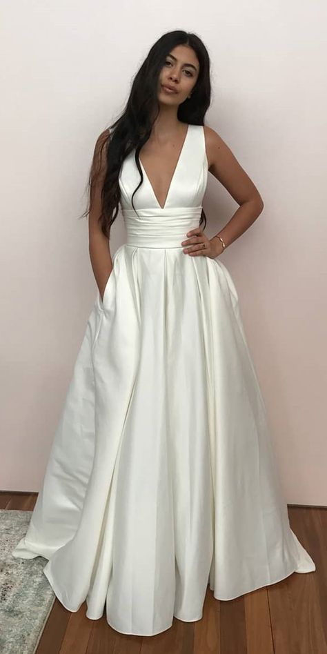 24 Stunning Cheap Wedding Dresses Under $1,000 ❤ cheap wedding dresses a line v neckline simple under 750 oleg cassiniau ❤ See more: https://www.weddingforward.com/cheap-wedding-dresses/ #weddingforward #wedding #bride Wedding Gowns With Pockets, Satin Wedding Gown, Wedding Dress With Pockets, Cheap Wedding Dresses, Wedding Forward, Ivory Wedding Dress, Ribbed Knit Dress, Idea Board, Ivory Wedding