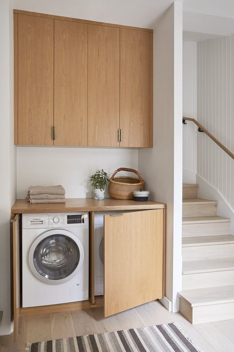 Covered Laundry Area, Laundry Inside Kitchen, European Laundry In Kitchen, Enclosing Washer And Dryer, Laundry In Cabinet, Laundry In Living Room, Laundry Room Nook, Laundry Hidden In Cabinet, Mid Century Laundry Room Ideas