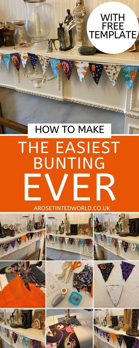 How To Make The Easiest Bunting Ever! ⋆ A Rose Tinted World How To Make Bunting Easy, Cute Bunting Ideas, Flag Bunting Diy, Easy Bunting Diy, How To Make A Bunting Banner, Scrap Fabric Bunting, Birthday Bunting Ideas, Fabric Bunting Ideas, Christmas Bunting Diy