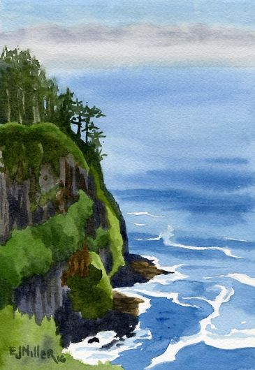 Oregon Coast Artwork, Oregon Coast Painting, Watercolor Cliff, Oregon Drawing, Cliff Watercolor, Oregon Painting, Cliff Beach, Coast Painting, Felt Painting