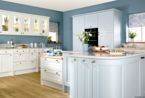 BLUE KITCHEN IDEAS – Blue is an agreeable color. This is one of the bright colors that gain fondness even from neutral color lovers. Blue mostly relat... White Kitchen Paint Colors, Modern Kitchen Curtains, Painted Kitchen Island, Blue Kitchen Walls, White Kitchen Paint, Light Blue Kitchens, White Kitchen Tiles, Blue Kitchen Decor, Blue Kitchen Cabinets