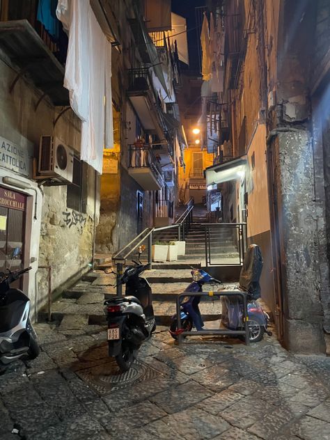 Alleyway in naples italy at night, graffiti, stairs, motorcycle. grunge aesthetic. Europe Grunge Aesthetic, Italian Neighborhood Aesthetic, Italian Grunge Aesthetic, Dark Italian Aesthetic, Italy Alleyway, Italian Alleyway, Naples Italy Aesthetic, Italian American Aesthetic, Alleyway Aesthetic