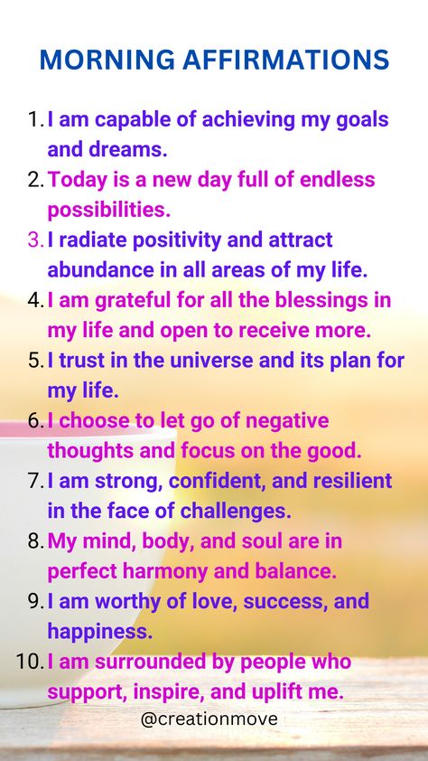 By repeating these affirmations each morning, you are programming your subconscious mind to believe in your own abilities and to attract positivity and abundance into your life. Consistently affirming positive thoughts and beliefs helps to overcome negative self-talk and limiting beliefs that can hold you back from achieving your goals. Subconscious Affirmations, Affirmations For Abundance, Positive Morning Affirmations, Mind Healing, Attract Positivity, Archangel Prayers, Positive Morning, Love Spiritual, Today Is A New Day