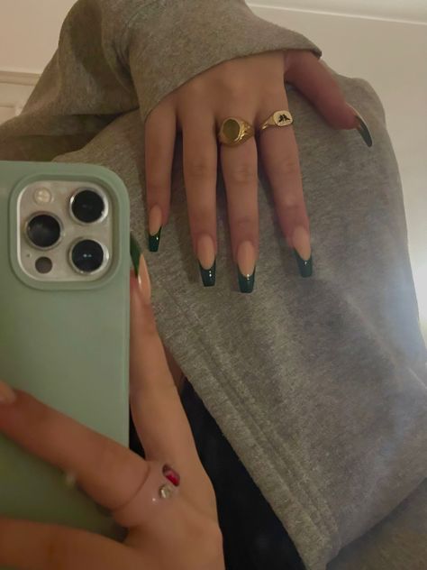 green frenchies Hoco Nails For Green Dress, Emerald Green Nails French Tip, Nails For A Green Dress, Green Tip Nails French, Forest Green French Tip Nails, Dark Green French Nails, Baby Green Nails, Nails With Green Dress, Olive Green French Tip Nails