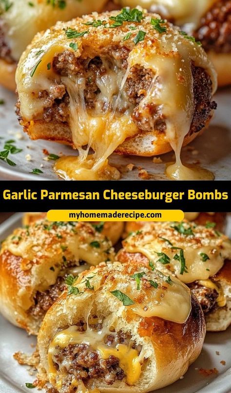 These garlic parmesan cheeseburger bombs are the best bombs for a cheesy, savory snack. Packed with garlic butter and melty cheese, they’re the ultimate cheeseburger bombs for any occasion Ultimate Cheeseburger, Biscuit Dough, Delicious Appetizer Recipes, Melty Cheese, Buffet Food, Beef Recipes For Dinner, Easy Appetizer Recipes, Garlic Parmesan, Party Food Appetizers