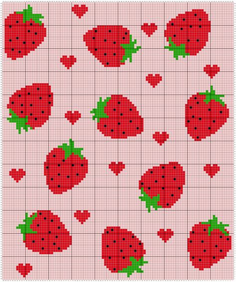 Strawberries Graph - Highland Hickory Designs Pixel Art Pattern Strawberry, Strawberry Cross Stitch Pattern Free, Strawberry Crochet Graph, Cross Stitch Graph Patterns, Strawberry Tapestry Crochet, Cute Crochet Graphs, Strawberry Grid Pattern, One Colour Crochet Projects, Pixel Grid Crochet Ideas