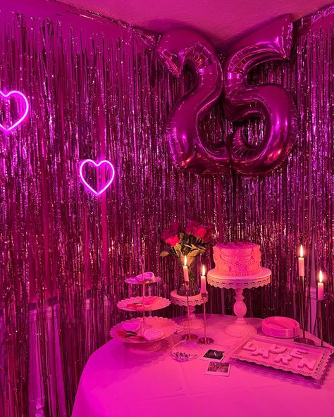 Pink Y2k Party Decorations, Metalic Pink Birthday Party, Pink Party Wall Decor, 25th Pink Birthday Ideas, 25th Party Decorations, Pink Sixteen Party, Pink Birthday Party Women, Pink 21st Birthday Ideas Outside, Neon Pink Sweet 16