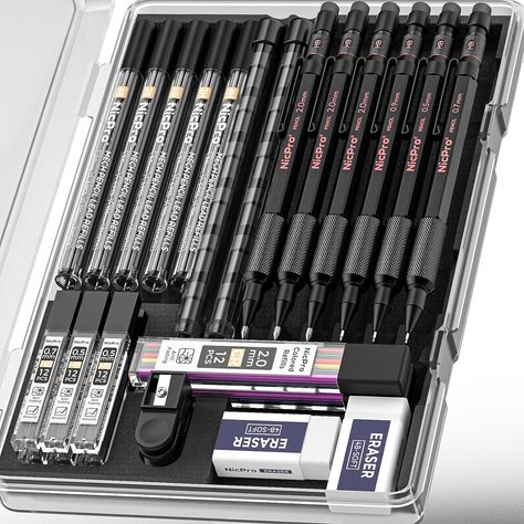 Nicpro 27PCS Art Mechanical Pencils Set in Case, Metal Drafting Pencil 0.5, 0.7, 0.9 mm & 2mm with 13 Tube Lead Refills(4B 2B HB 2H 4H Colors) Weatherproof Barrel for Outdoor Writing Drawing Sketching Nicpro Mechanical Pencil, Art Must Haves, Pen Stationary, Drafting Pencil, Drafting Drawing, Mechanical Pencil Lead, Stationery Obsession, Art Studio Room, Study Stationery