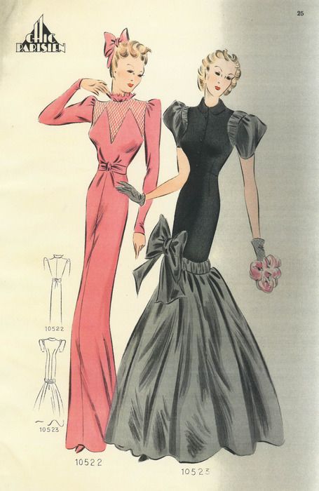 1940s sewing pattern evening gown long dress formal party black pink satin rayon tulip sheath full skirt bow puff sleeves late 30s war era color illustration print ad vintage fashions style 1940s Dresses Formal Evening Gowns, Early 1930s Fashion, Istoria Modei, Skirt Bow, Late 30s, 1940's Fashion, Fashion 1940s, Fashion Illustration Vintage, Mae West