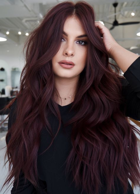 25 Winter Hair Color Ideas for Brunettes to Try This Season Winter Hair Color Burgundy, All Over Color For Dark Hair, New Fall Hair Colors 2024, Winter Hair Inspo For Brunettes, Winter Red Hair Color Shades, Cool Skin Tone Hair Color Brunettes, Mohagany Balayage Hair, Chocolate Brown Hair With Burgundy, Dark Hair Color Inspiration