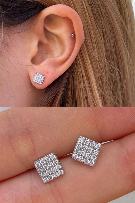 Diamond Earrings Stud, Square Diamond Earrings, Diamond Earring, Gold Diamond Earrings, Square Diamond, Earrings Stud, Delicate Earrings, White Diamonds, Bridal Earrings