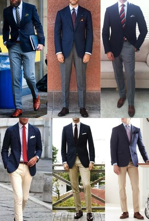 What to Wear With a Navy Blazer | The Art of Manliness Blue Sport Coat Outfit, Blazer With Jeans Men, Chinos And Blazer, Navy Blue Blazer Outfit, Blue Blazer Outfit Men, Navy Blazer Outfits, Sport Coat Outfit, Navy Blazer Men, Blue Blazer Outfit